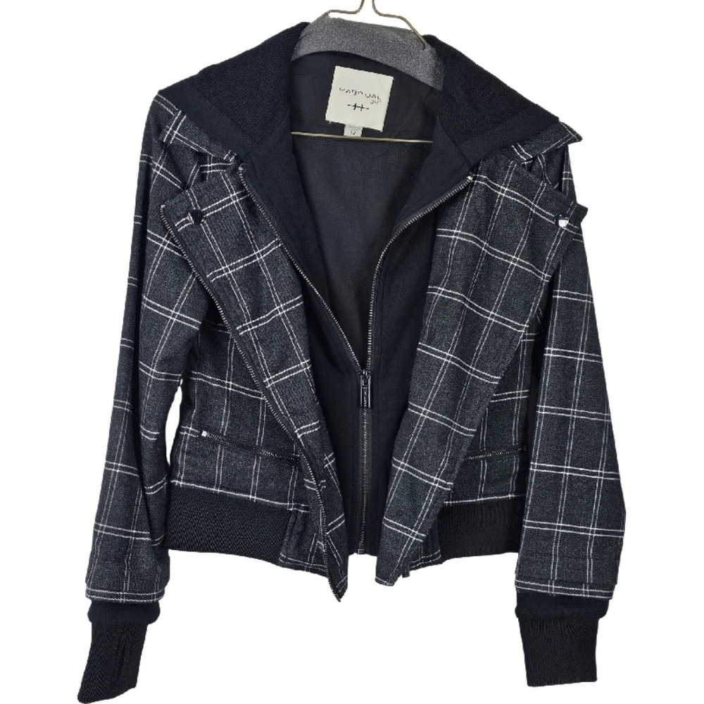 Habitual Girls Lyla Plaid French Terry Hoodie Zip Jacket Size 12 Black Moto - Picture 2 of 9
